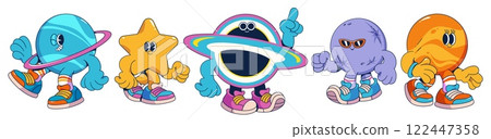 Groovy universe cartoon mascots set in sneakers 122447358