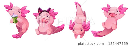 Cute pink axolotl mascot with expressive emotions Cute pink axolotl mascot with expressive emotions 122447369