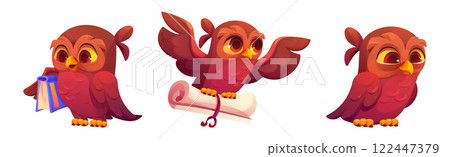 Cute owl mascot with scrolled document and book Cute owl mascot with scrolled document and book 122447379