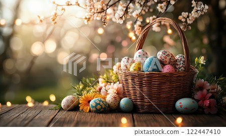 Easter basket with eggs, flowers, and fairy lights 122447410