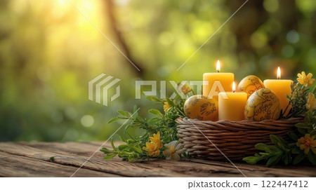 Easter candles and eggs on rustic wooden surface 122447412