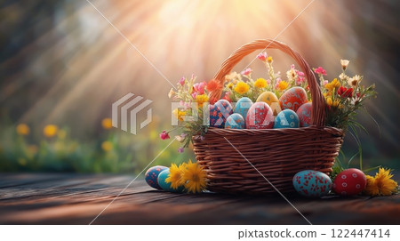 Easter basket with colorful eggs in sunlight 122447414
