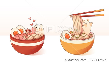 Cute cats eating ramen noodles set 122447424