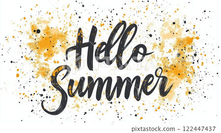 Hello summer lettering with colorful splashes of paint creating a vibrant and cheerful atmosphere  122447437