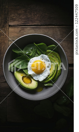 Rustic breakfast with poached egg, avocado, and spinach in a bowl Rustic breakfast with poached egg, avocado, and spinach in a bowl 122447509