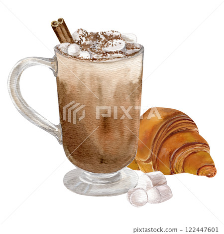 Watercolor iilustration of hot coffee with marshmallows, cinnamon stick in glass mug with croissant 122447601