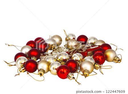 Christmas balls in red and gold color for decoration. Christmas tree decorations without background Christmas balls in red and gold color for decoration. Christmas tree decorations without background 122447609