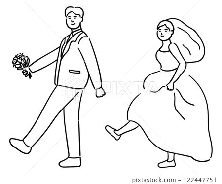 Bride and groom are happily walking together, cute couple vector illustration 122447751