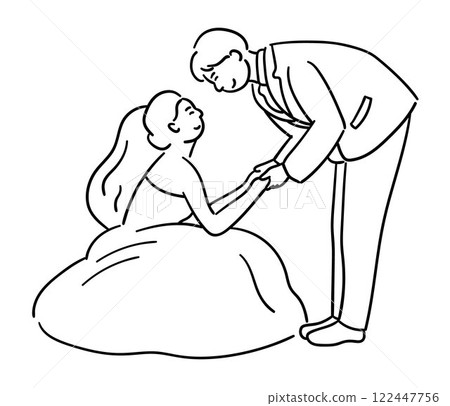 Bride and groom vector, the groom is bending down, looking into the bride's eyes as she sits, the couple is smiling at each other in a cute way Bride and groom vector, the groom is bending down, looking into the bride's eyes as she sits, the couple is smiling at each other in a cute way 122447756