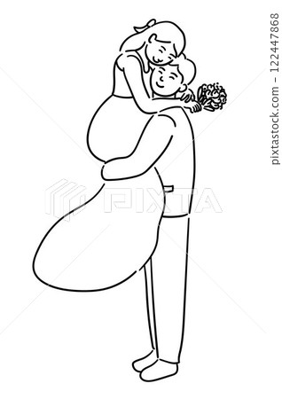 Bride and groom vector illustration, the groom is lifting the bride, and the couple is gazing at each other romantically 122447868
