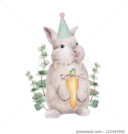 Birthday Bunny with Carrot and Party Hat 122447892