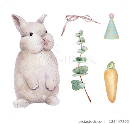 set of Birthday Bunny with Carrot and Party Hat 122447893