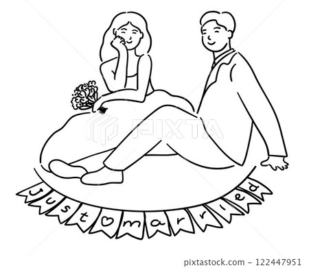 Bride and groom, couple is sitting together with sign says Just Married vector illustration Bride and groom, couple is sitting together with sign says Just Married vector illustration 122447951