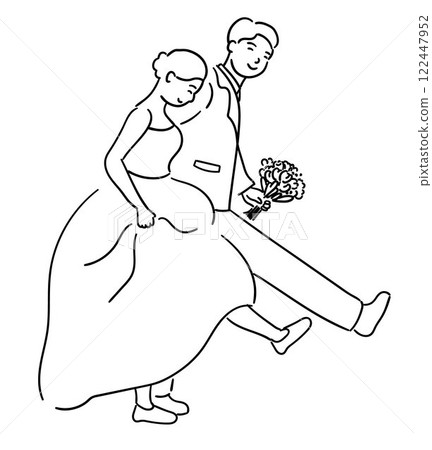 Bride and groom, couple is happily walking together, holding hands illustration Bride and groom, couple is happily walking together, holding hands illustration 122447952