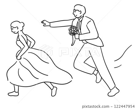 Wedding couple, groom is chasing after the bride as she runs vector illustration Wedding couple, groom is chasing after the bride as she runs vector illustration 122447954