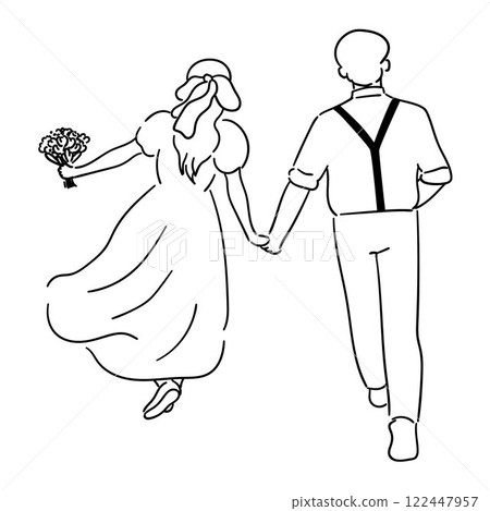 Bride and groom, cute couple is holding hands and running together 122447957