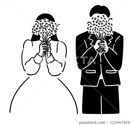Wedding couple, bride and groom are using a bouquet to cover their faces, a cute couple 122447959