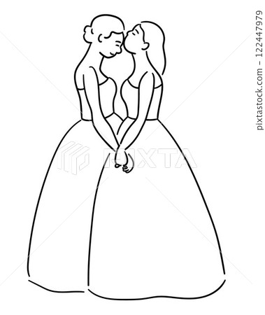 Lesbian wedding couple in white dresses, woman is kissing her wife on the forehead vector illustration Lesbian wedding couple in white dresses, woman is kissing her wife on the forehead vector illustration 122447979