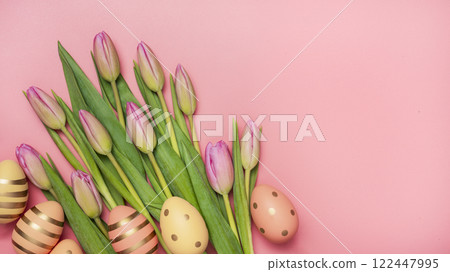 Easter background with eggs and tulips 122447995