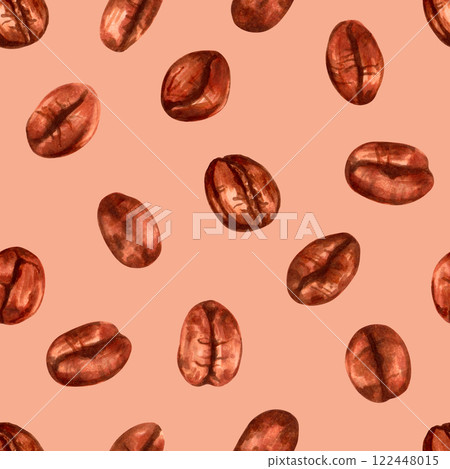 Seamless pattern of coffee beans on light brown background. Watercolor and marker illustration. International Coffee Day. Hand drawn isolated art. Production, harvest. Invigorating drink. 122448015
