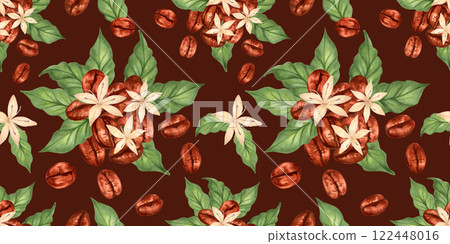 Seamless pattern of coffee beans with flowers and leaves. Watercolor and marker illustration. Handmade with the aroma of Robusta, Arabica varieties. Coffee day. For fabric and tablecloths, textiles. 122448016