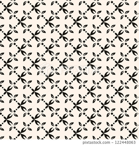 Vector black and white floral geometric seamless pattern. Abstract minimal geometric ornament with flowers in oriental style. Repeat design. Vector black and white floral geometric seamless pattern. Abstract minimal geometric ornament with flowers in oriental style. Repeat design. 122448063