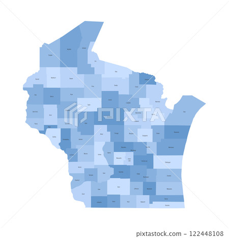 Wisconsin, WI - detailed political map of US state. Administrative map divided into counties. Blue map with county name labels. Vector illustration 122448108