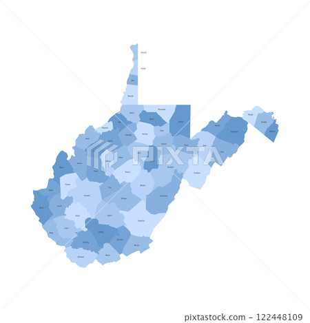 West Virginia, WV - detailed political map of US state. Administrative map divided into counties. Blue map with county name labels. Vector illustration 122448109