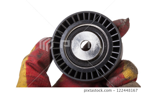 V-belt tensioner for attachments of an internal combustion engine of a car. Used auto parts catalog 122448167