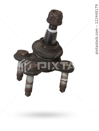 Ball joint on the arm of the car, part of the front suspension of the vehicle for repair and replacement in a vehicle repair shop. Spare parts catalog. Ball joint on the arm of the car, part of the front suspension of the vehicle for repair and replacement in a vehicle repair shop. Spare parts catalog. 122448179
