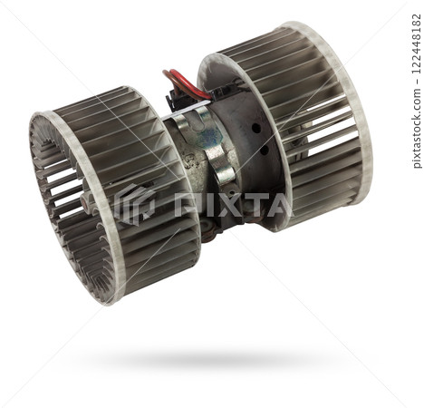 Heater fan - spare part and element of car air conditioning system on white isolated background. Auto service industry. Spare parts catalog. 122448182
