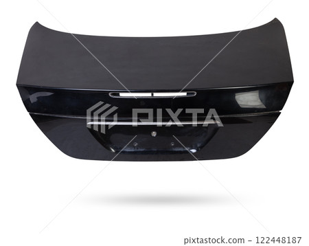 black metallic boot lid reverse side with stiffeners on a white isolated background with a nameplate for installation on a car after an accident. Spare part for body repair trunk. 122448187