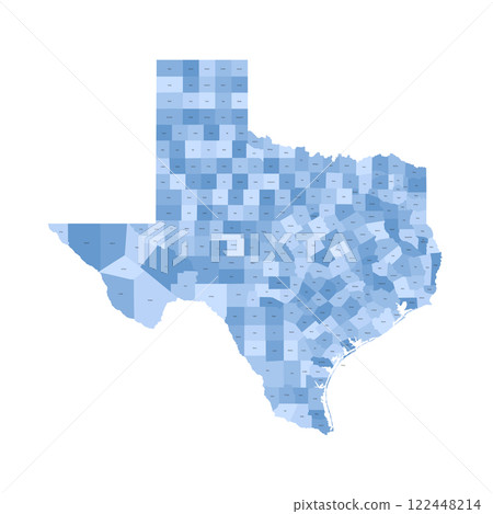 Texas, TX - detailed political map of US state. Administrative map divided into counties. Blue map with county name labels. Vector illustration 122448214