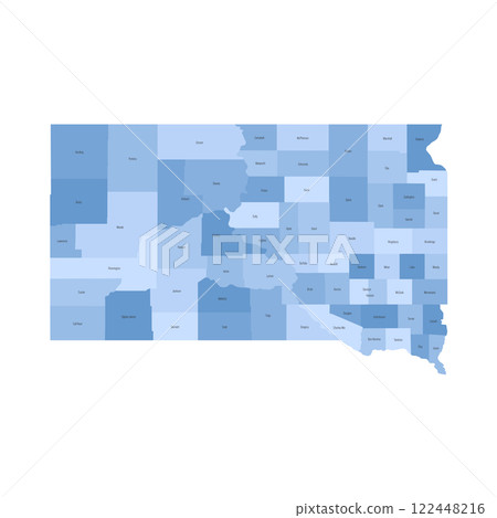 South Dakota, SD - detailed political map of US state. Administrative map divided into counties. Blue map with county name labels. Vector illustration 122448216