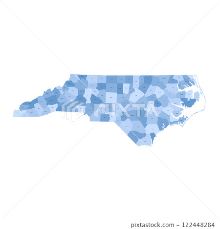 North Carolina, NC - detailed political map of US state. Administrative map divided into counties. Blue map with county name labels. Vector illustration 122448284