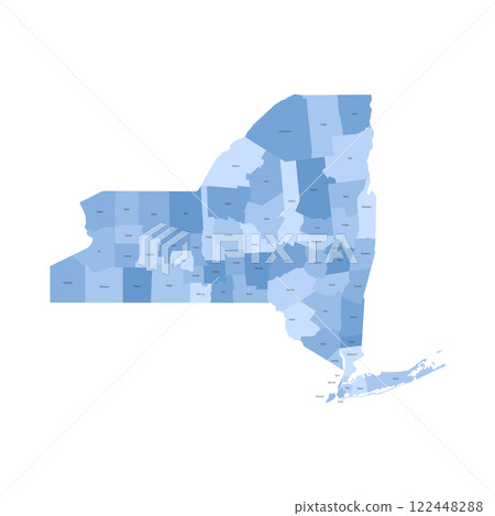 New York, NY - detailed political map of US state. Administrative map divided into counties. Blue map with county name labels. Vector illustration 122448288