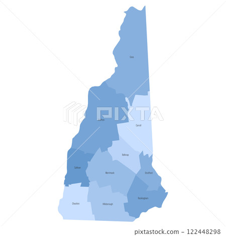 New Hampshire, NH - detailed political map of US state. Administrative map divided into counties. Blue map with county name labels. Vector illustration New Hampshire, NH - detailed political map of US state. Administrative map divided into counties. Blue map with county name labels. Vector illustration 122448298