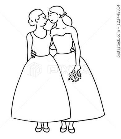 Lesbian couple wedding, two women are hugging each other and gazing into each other's eyes lovingly 122448314