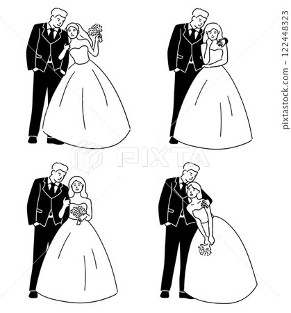 Wedding couple, bride and groom are striking different cute poses Wedding couple, bride and groom are striking different cute poses 122448323