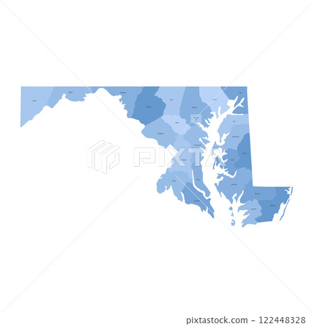 Maryland, MD - detailed political map of US state. Administrative map divided into counties. Blue map with county name labels. Vector illustration Maryland, MD - detailed political map of US state. Administrative map divided into counties. Blue map with county name labels. Vector illustration 122448328