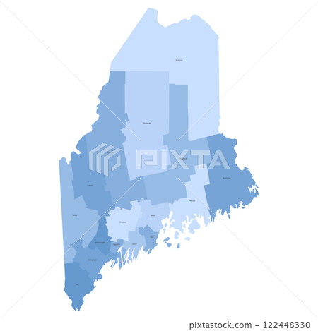 Maine, ME - detailed political map of US state. Administrative map divided into counties. Blue map with county name labels. Vector illustration Maine, ME - detailed political map of US state. Administrative map divided into counties. Blue map with county name labels. Vector illustration 122448330
