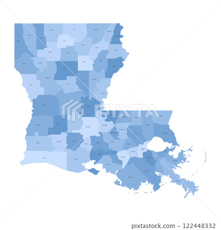 Louisiana, LA - detailed political map of US state. Administrative map divided into counties. Blue map with county name labels. Vector illustration 122448332