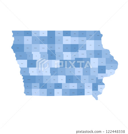 Iowa, IA - detailed political map of US state. Administrative map divided into counties. Blue map with county name labels. Vector illustration 122448338