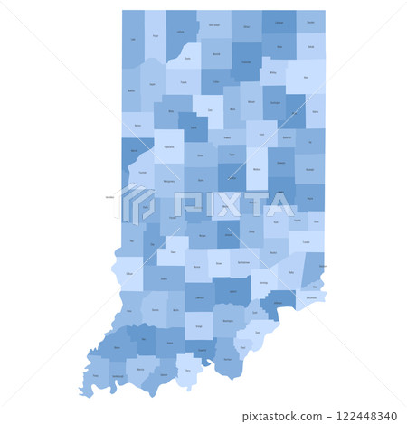 Indiana, IN - detailed political map of US state. Administrative map divided into counties. Blue map with county name labels. Vector illustration 122448340