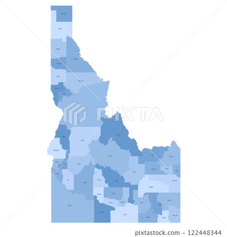 Idaho, ID - detailed political map of US state. Administrative map divided into counties. Blue map with county name labels. Vector illustration Idaho, ID - detailed political map of US state. Administrative map divided into counties. Blue map with county name labels. Vector illustration 122448344
