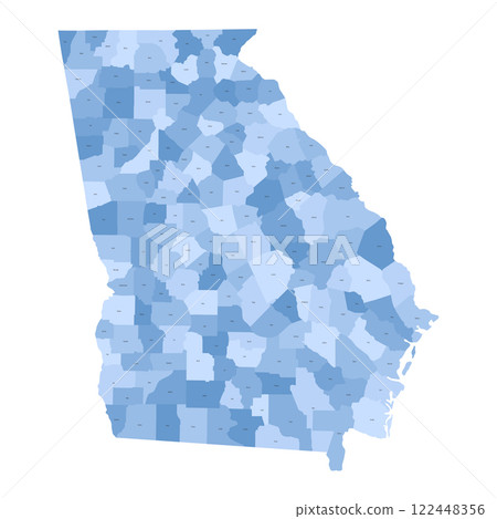 Georgia, GA - detailed political map of US state. Administrative map divided into counties. Blue map with county name labels. Vector illustration Georgia, GA - detailed political map of US state. Administrative map divided into counties. Blue map with county name labels. Vector illustration 122448356