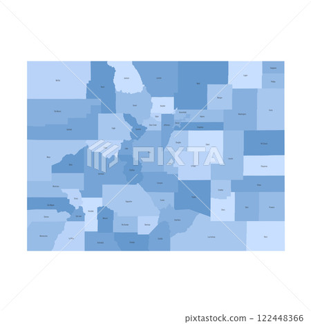 Colorado, CO - detailed political map of US state. Administrative map divided into counties. Blue map with county name labels. Vector illustration Colorado, CO - detailed political map of US state. Administrative map divided into counties. Blue map with county name labels. Vector illustration 122448366