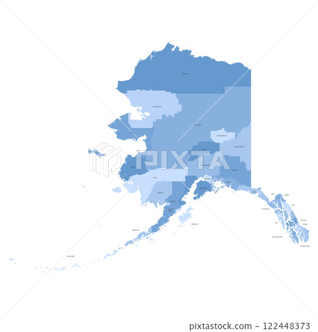 Alaska, AK - detailed political map of US state. Administrative map divided into counties. Blue map with county name labels. Vector illustration 122448373