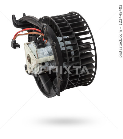 Heater fan - spare part and element of car air conditioning system on white isolated background. Auto service industry. Spare parts catalog. 122448402