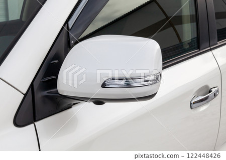 Rear-view mirror or door mirror closed for safety at car park, Side mirror of gray car black tinted glass 122448426